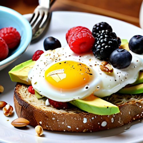 Home 6 **
A vibrant and balanced breakfast scene featuring Greek yogurt with berries and nuts, avocado toast, and eggs. Emphasize energy and focus.
**