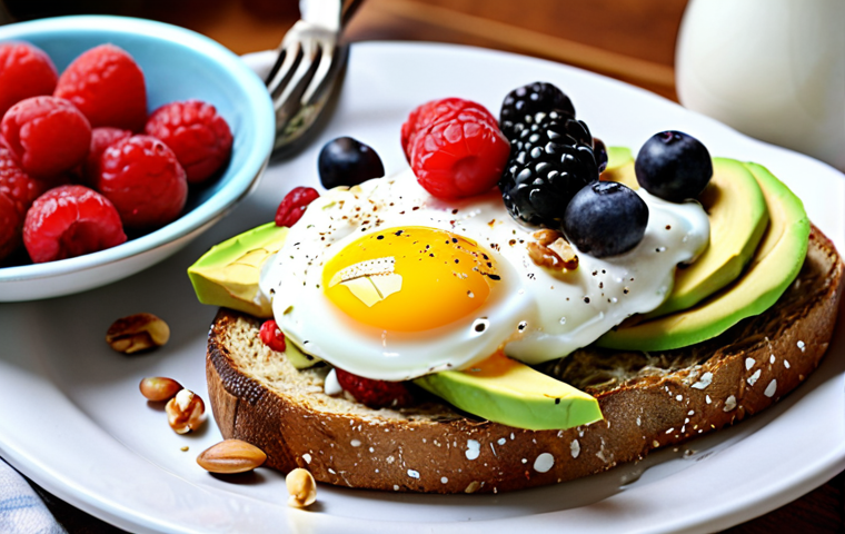 **
A vibrant and balanced breakfast scene featuring Greek yogurt with berries and nuts, avocado toast, and eggs. Emphasize energy and focus.
**