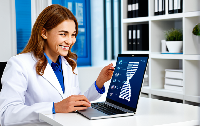 Personalized Nutrition Consultation**
"A professional female nutritionist in a bright, modern office, reviewing a DNA test result with a smiling woman, both fully clothed in professional attire, laptop displaying a DNA helix graphic, healthful food options displayed in the background, safe for work, appropriate content, perfect anatomy, natural proportions, family-friendly, professional photography, high quality."
**
