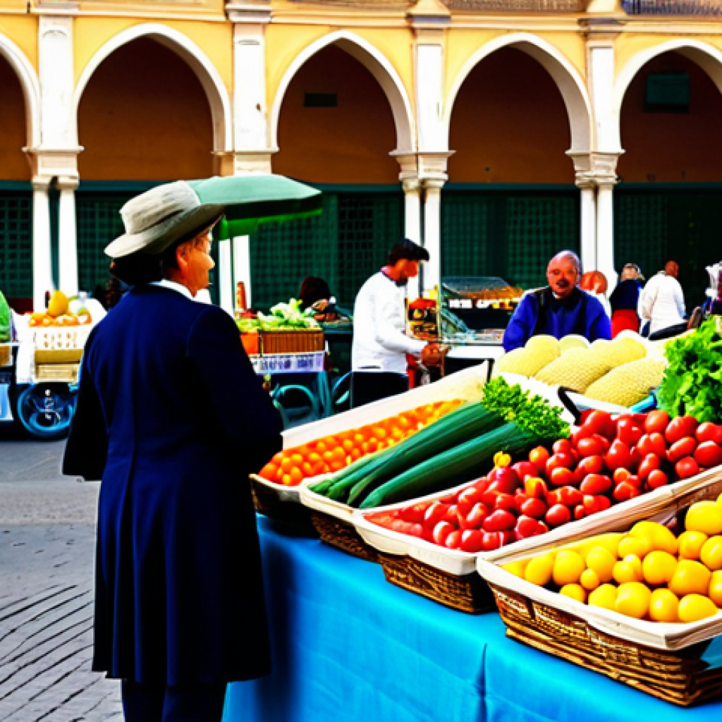 글루텐 프리 맞춤형 영양 식단 설계하기 - **
A vibrant farmers market scene in Seville, Spain. A friendly, fully clothed vendor with perfect...
