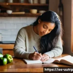 Home 22 효과적인 식단 관리를 위한 피드백 활용 - **Prompt:** A diverse woman, approximately 30-40 years old, sitting comfortably at a rustic wooden k...