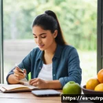 Home 20 식품 일기를 통한 맞춤형 영양 요구 관리 - A cozy kitchen scene featuring a young Hispanic woman in casual attire, sitting at a wooden table wi...