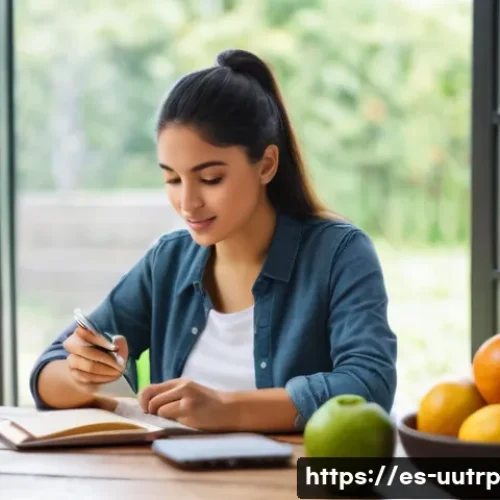 Home 32 식품 일기를 통한 맞춤형 영양 요구 관리 - A cozy kitchen scene featuring a young Hispanic woman in casual attire, sitting at a wooden table wi...