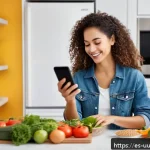 Home 23 식단 변화의 효과를 확인하는 방법 - A detailed scene showing a young Hispanic woman in a bright, modern kitchen taking daily photos of h...